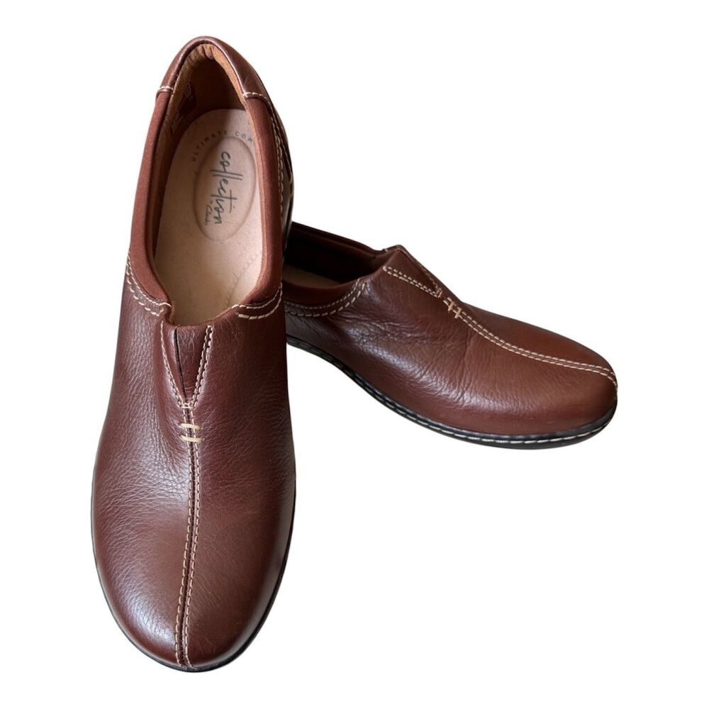 Clarks Women's Ashland Joy 10N Loafer Brown Leather Slip-On Ortho Clog Shoes
